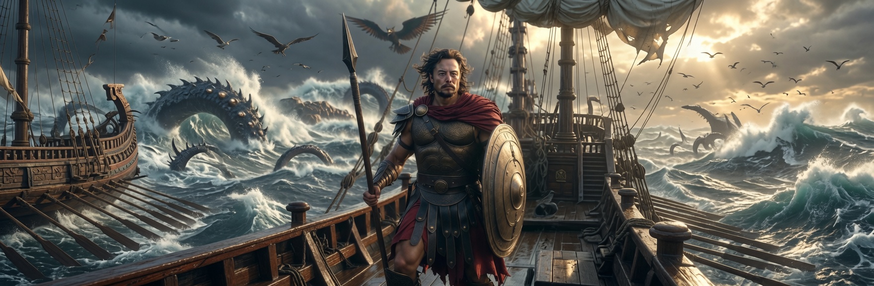 Elon on the deck of a Greek trireme facing sea monsters
