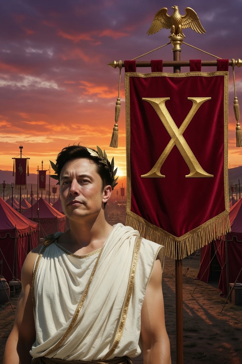 Elon crowned in laurel beneath the eagle standard